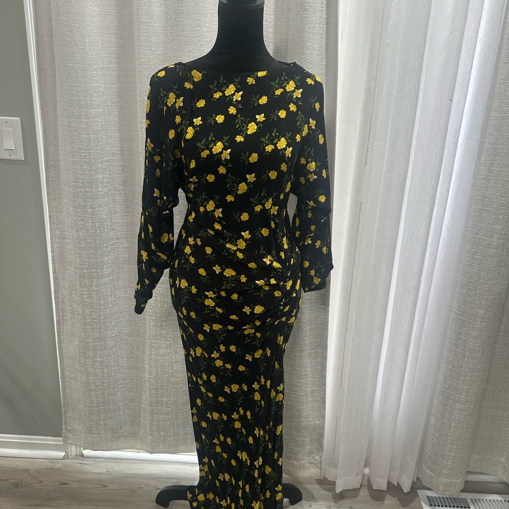 Black Floral Maxi Dress with Yellow Rose Print